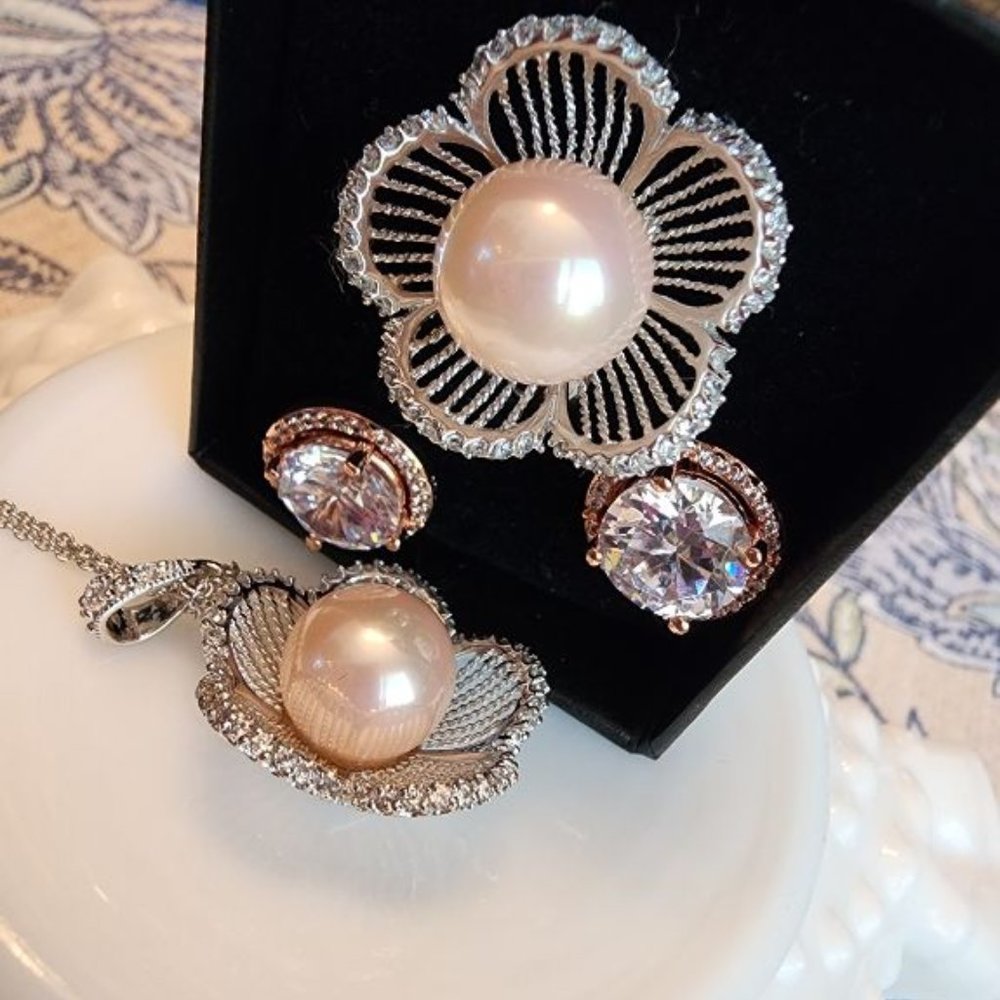 RARITIES PEARL CRYSTAL RING NECKLACE EARRINGS ROSE GOLD/SILVER 925
